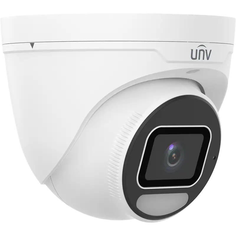 Uniview's OwlView Plus turret security camera with a built-in microphone and white LED light, as viewed from the front left