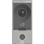 A grey intercom with a push button, built-in camera, and UNV-Logo
