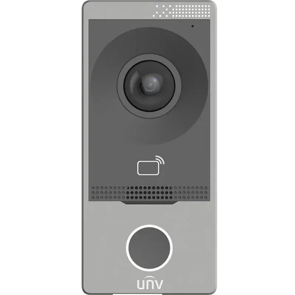 A grey intercom with a push button, built-in camera, and UNV-Logo