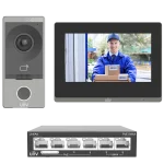 A Uniview Kit that includes an intercom, indoor touchscreen monitor, and a 4-port PoE switch