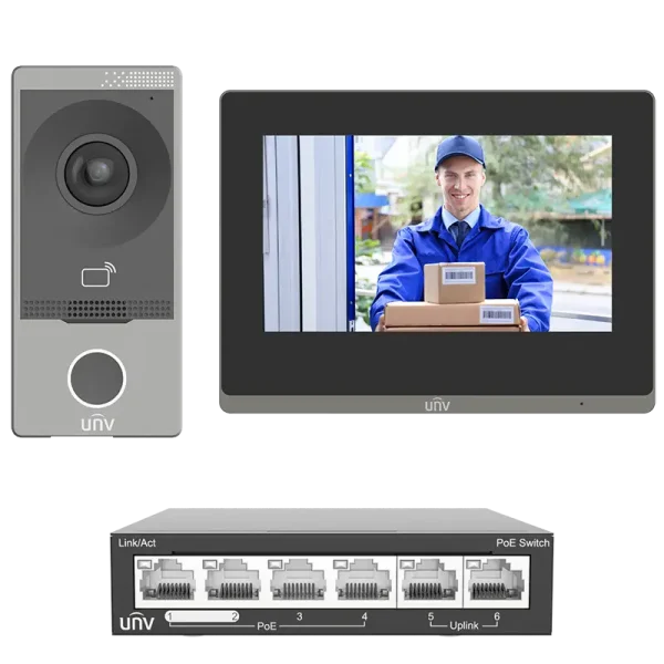 A Uniview Kit that includes an intercom, indoor touchscreen monitor, and a 4-port PoE switch