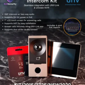 A flyer showcasing the unique features of Uniview's intercom kit that comes with an outdoor station, microSD card, and indoor touch panel
