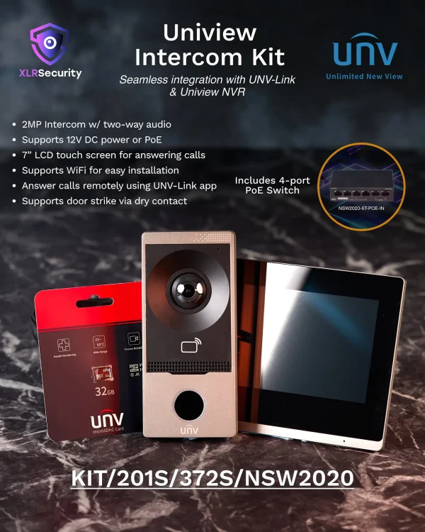 A flyer showcasing the unique features of Uniview's intercom kit that comes with an outdoor station, microSD card, and indoor touch panel