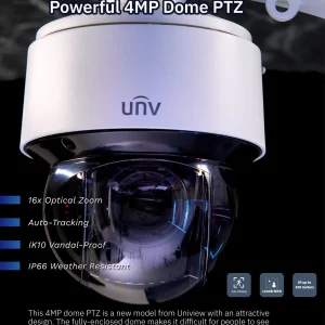 A flyer showing the features of Uniview's 4MP dome PTZ which is displayed with a dark background