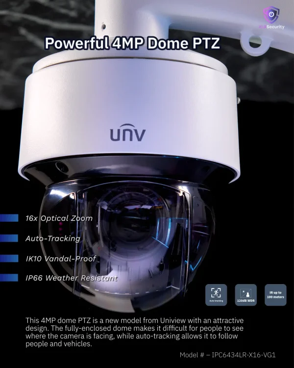 A flyer showing the features of Uniview's 4MP dome PTZ which is displayed with a dark background