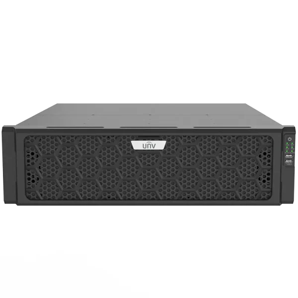 Uniview 128-channel video recorder with capacity for 16 hard drives, front angle