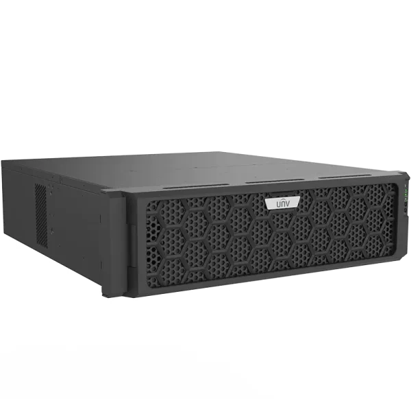 Uniview 128-channel video recorder with capacity for 16 hard drives, front left angle