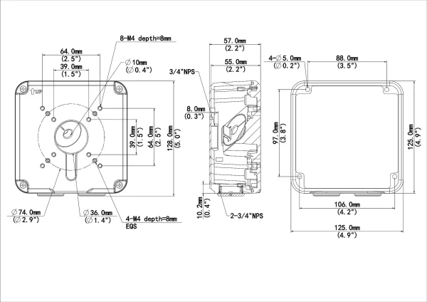 A diagram showing the dimensions of a Uniview square metal junction box