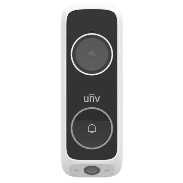 A video doorbell from Uniview with a push button for calling the homeowner, front angle