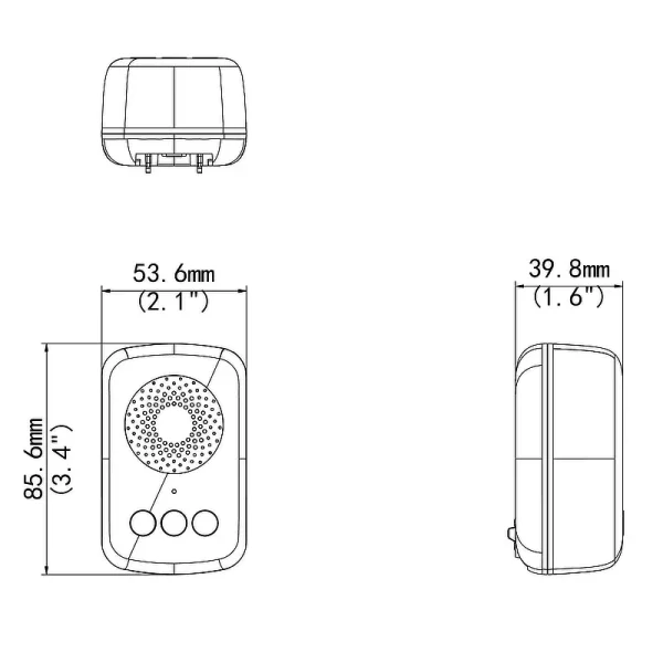 A diagram showing the dimensions of ED-R1 wireless chime. It has a width of 2.1 inches, height of 3.4 inches, and depth of 1.6 inches.