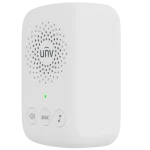 A wireless chime for Uniview's doorbell with three buttons on the front. The left button has a speaker icon, the middle button says 'SYNC', and the right button has a music note icon.