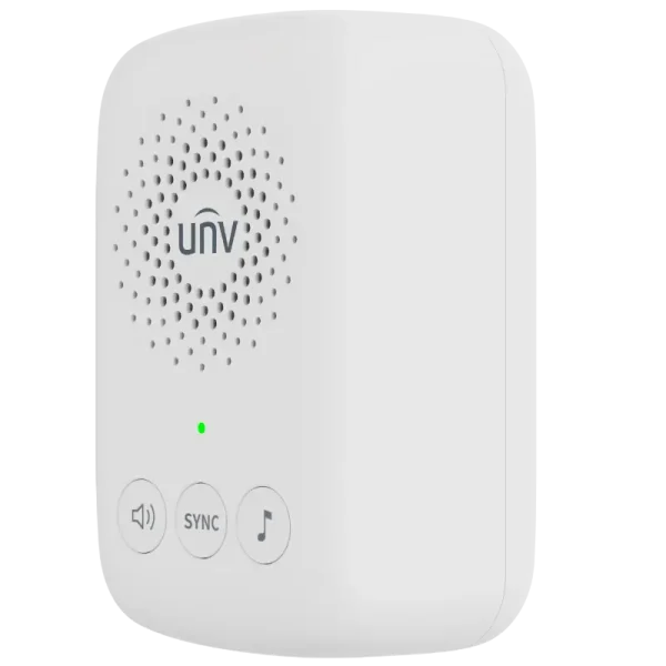 A wireless chime for Uniview's doorbell with three buttons on the front. The left button has a speaker icon, the middle button says 'SYNC', and the right button has a music note icon.
