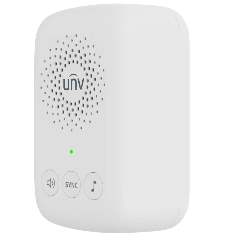A wireless chime for Uniview's doorbell with three buttons on the front. The left button has a speaker icon, the middle button says 'SYNC', and the right button has a music note icon.
