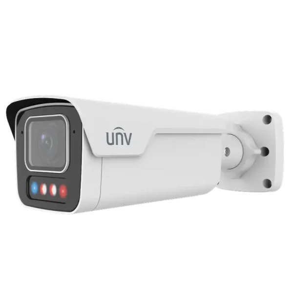 A bullet security camera with a square face and the UNV logo along the side. There is a flashing red and blue strobe light underneath the lens.
