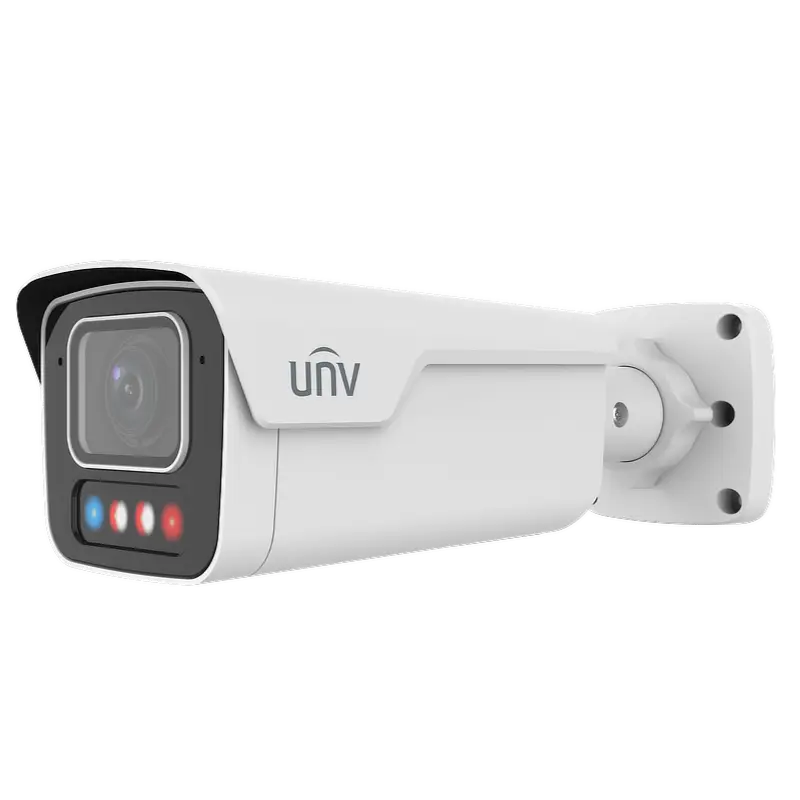A bullet security camera with a square face and the UNV logo along the side. There is a flashing red and blue strobe light underneath the lens.