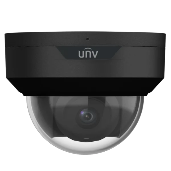 A black dome camera made by Uniview with a built-in microphone and a full metal housing.