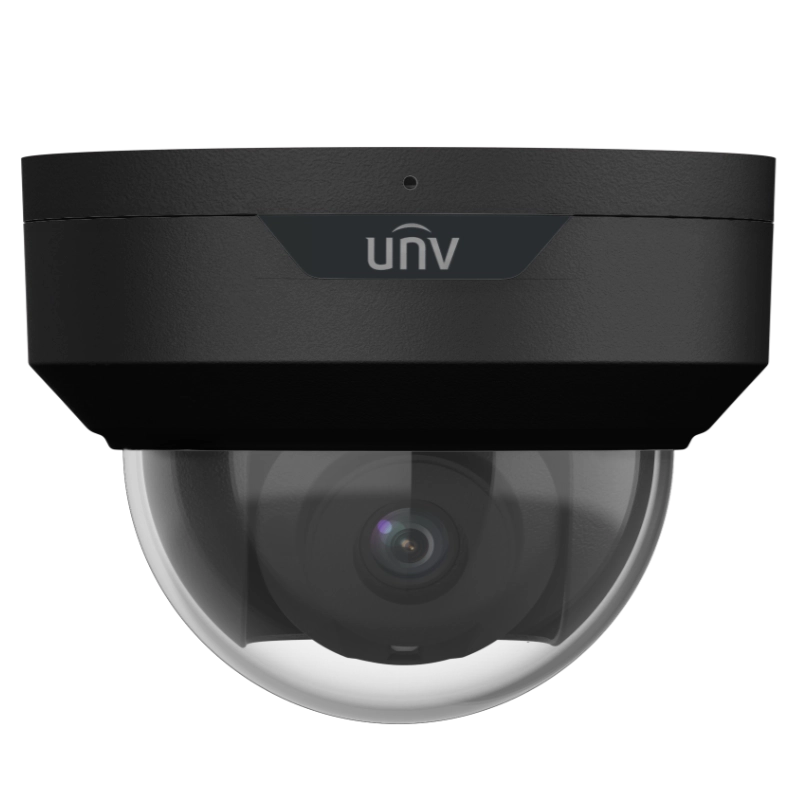 A black dome camera made by Uniview with a built-in microphone and a full metal housing.