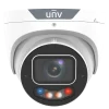 A Uniview security camera with flashing red and blue strobe lights on the bottom and a motorized lens