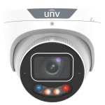 A Uniview security camera with flashing red and blue strobe lights on the bottom and a motorized lens