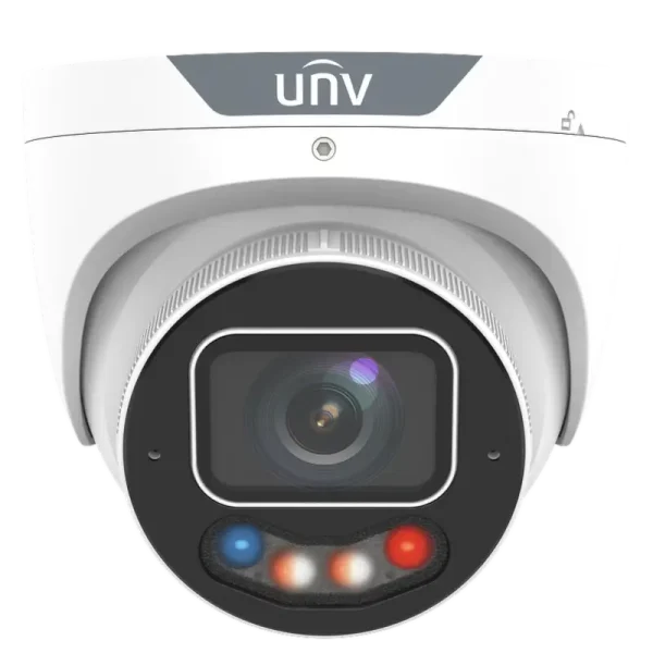 A Uniview security camera with flashing red and blue strobe lights on the bottom and a motorized lens