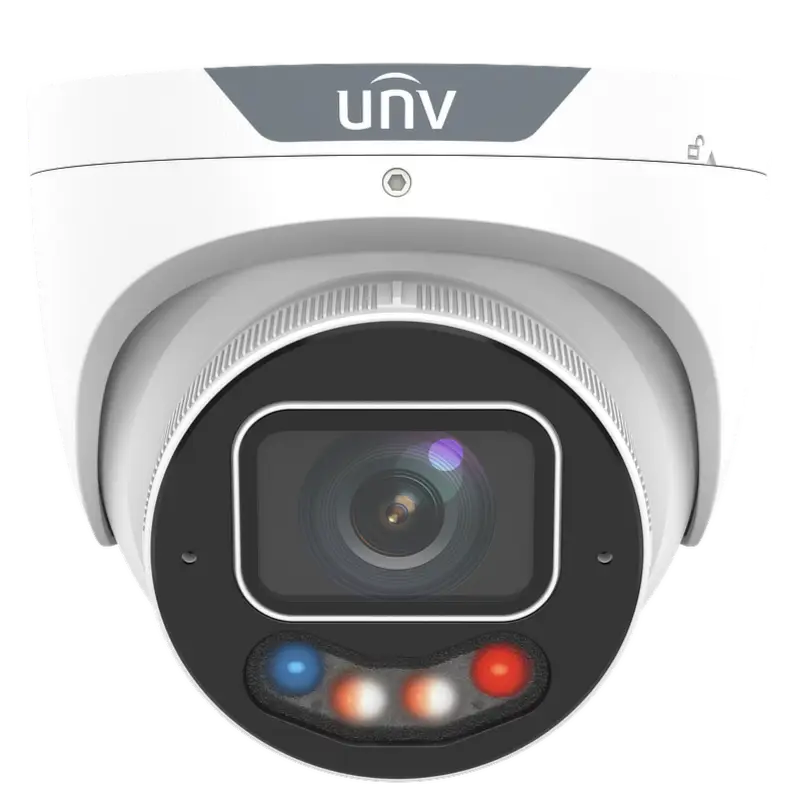 A Uniview security camera with flashing red and blue strobe lights on the bottom and a motorized lens