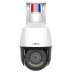 A PTZ security camera with a red and blue strobe light on top made by Uniview