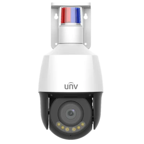 A PTZ security camera with a red and blue strobe light on top made by Uniview