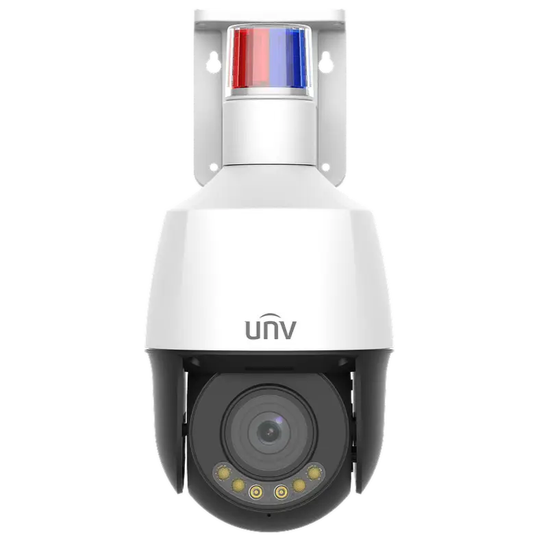 A PTZ security camera with a red and blue strobe light on top made by Uniview