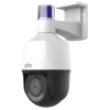 A PTZ security camera with a red and blue strobe light on top made by Uniview, viewed from an angle