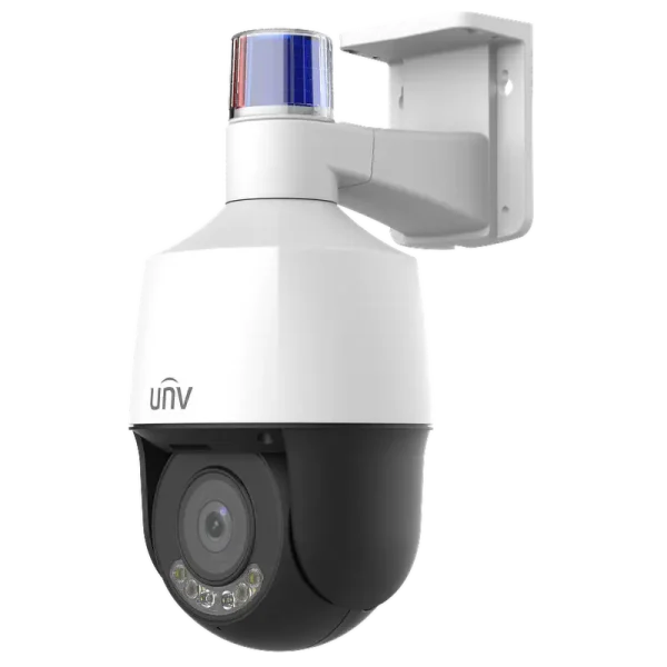 A PTZ security camera with a red and blue strobe light on top made by Uniview, viewed from an angle