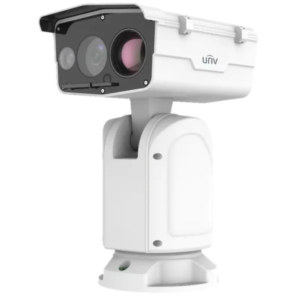 A large PTZ camera with a built-in wiper for cleaning the lens during rainstorms and a thermal + optical lens configuration.