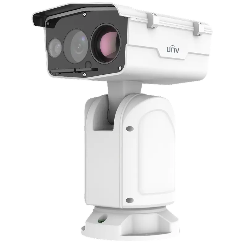 A large PTZ camera with a built-in wiper for cleaning the lens during rainstorms and a thermal + optical lens configuration.