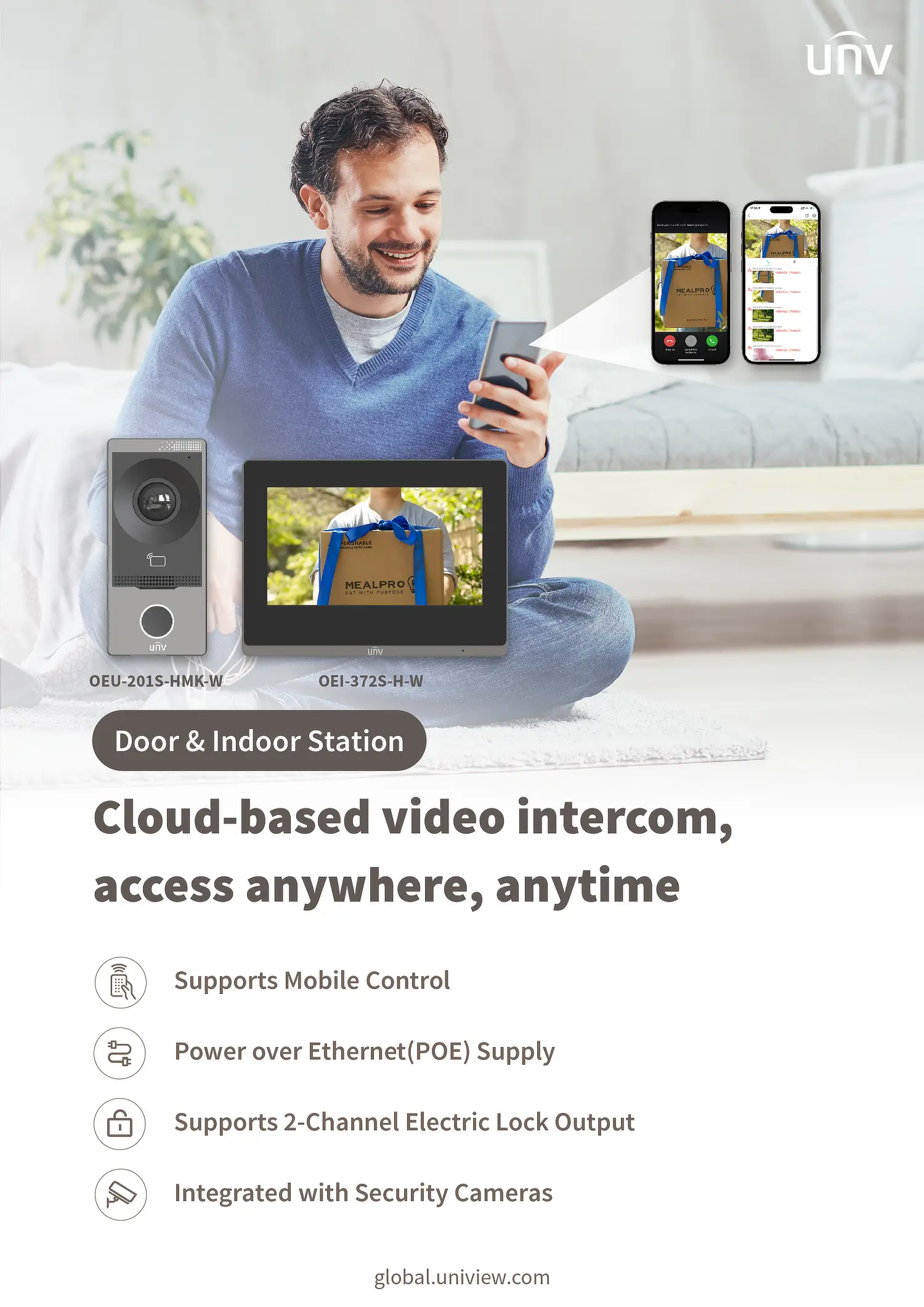 A poster showing a man viewing his video intercom camera on his smartphone