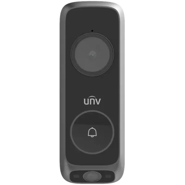 A wireless doorbell made by Uniview with a push button to ring the door along with a front-facing lens and one that's tilted downwards to view packages