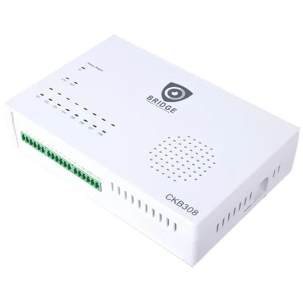 A white box with alarm inputs at the bottom and the Chekt logo on top with the words bridge underneath