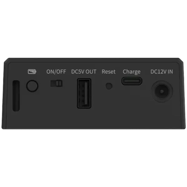 The bottom view of Uniview's connect pro box which shows the connections such as 5V DC output, a reset button, a USB-C port for charging, and a 12V DC input