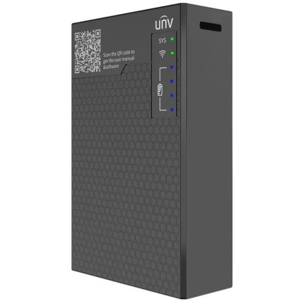 Uniview's connect pro box as viewed from the front right, showing an LED status indicator for battery charge percentage and Wi-Fi status