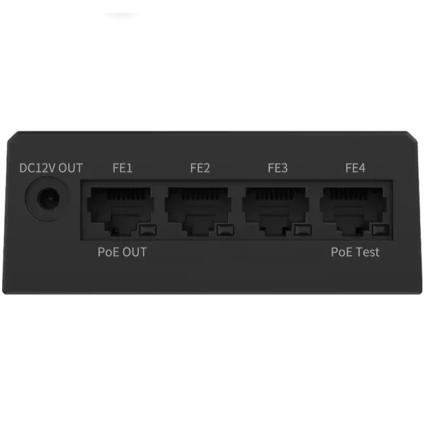 The bottom of Uniview's connect pro box with four Ethernet ports and one DC12V output. The left PoE is labeled PoE out while the rightmost PoE is labeled as PoE test.