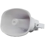 A large speaker with a metal bracket designed for mounting outdoors