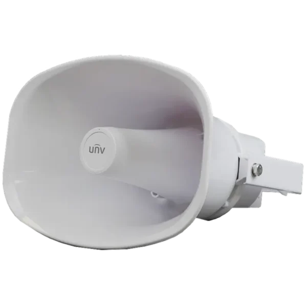 A large speaker with a metal bracket designed for mounting outdoors