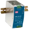 A large power supply for industrial PoE switches made by Mean Well, mounted on a DIN rail
