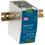A large power supply for industrial PoE switches made by Mean Well, mounted on a DIN rail