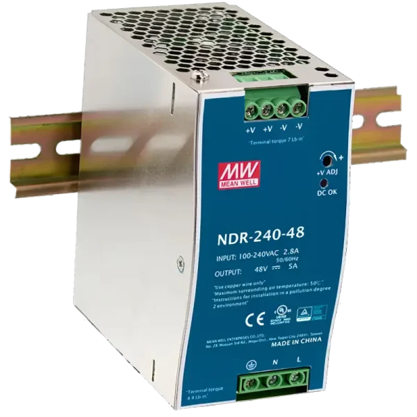 A large power supply for industrial PoE switches made by Mean Well, mounted on a DIN rail