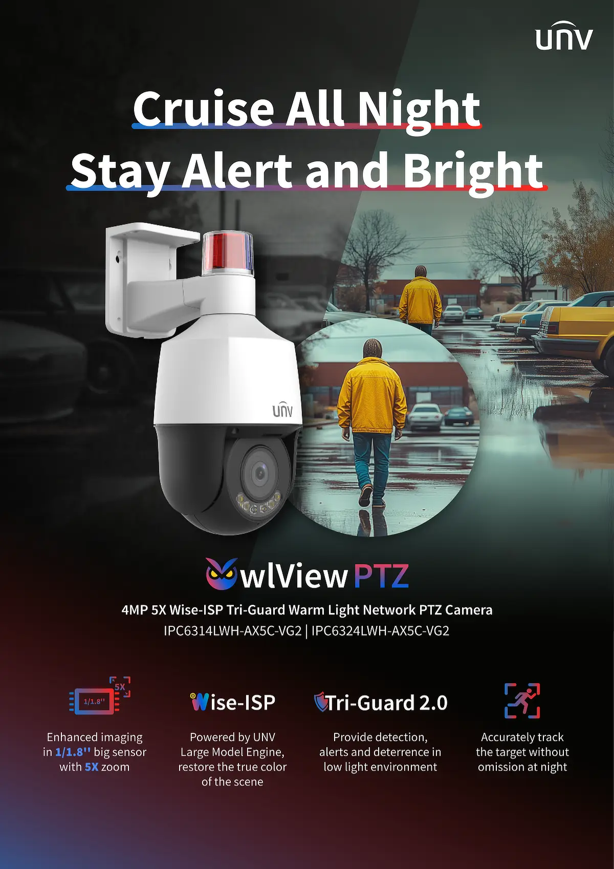 A poster depicting Uniview's OwlView PTZ camera with excellent low-light performance and Tri-Guard 2.0 technology