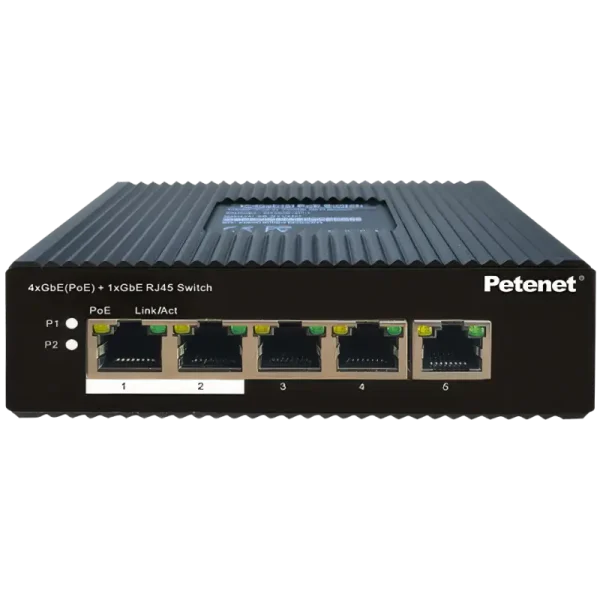A 4-port industrial PoE switch in a durable metal enclosure, with one gigabit uplink port