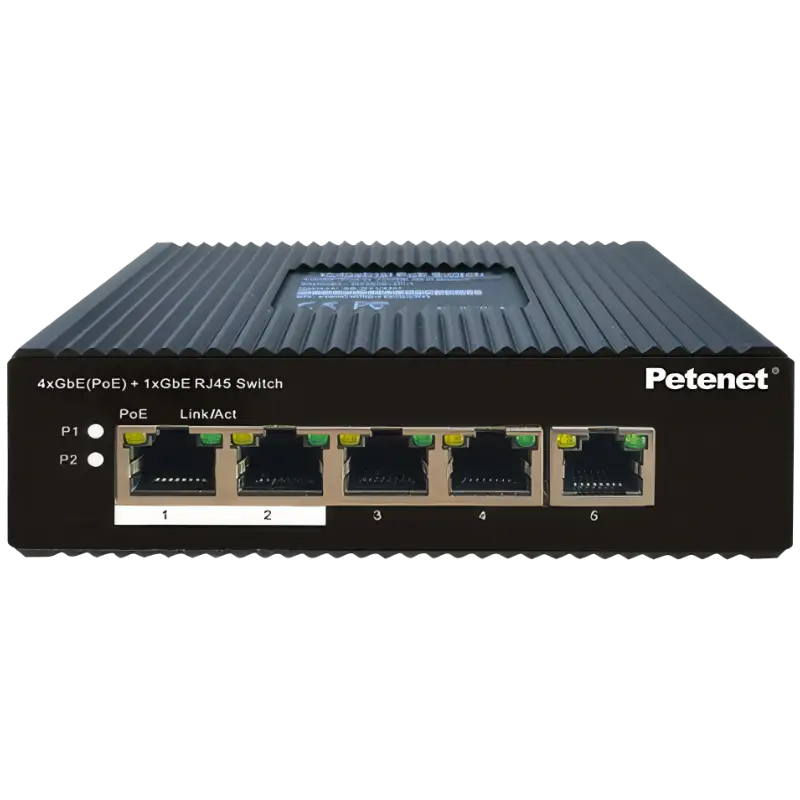 A 4-port industrial PoE switch in a durable metal enclosure, with one gigabit uplink port