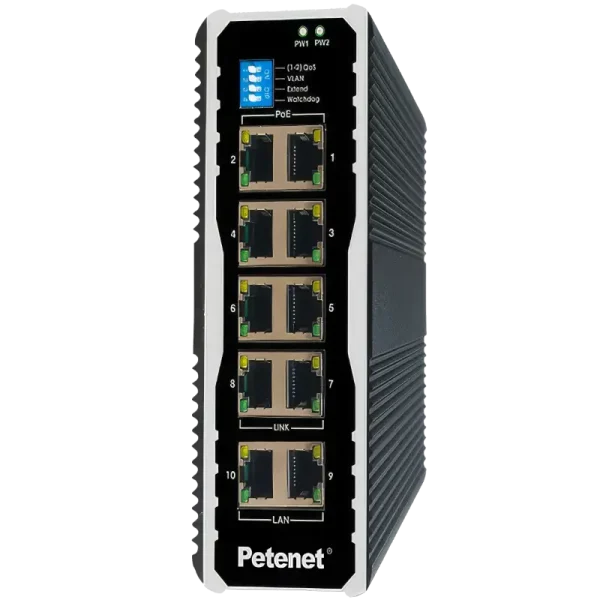 An 8-port industrial PoE switch in a durable metal enclosure, with two gigabit uplink ports