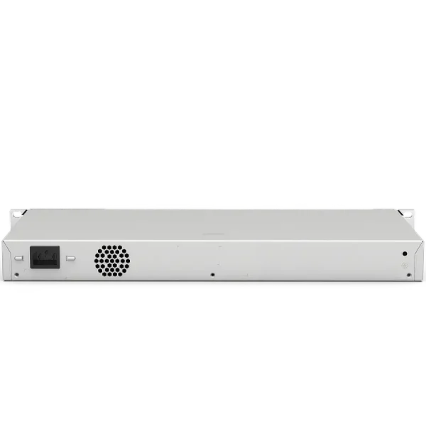 The back of Reyee's 24-port Gigabit switch with a power connector at the left side and an exhaust port for the fan beside it