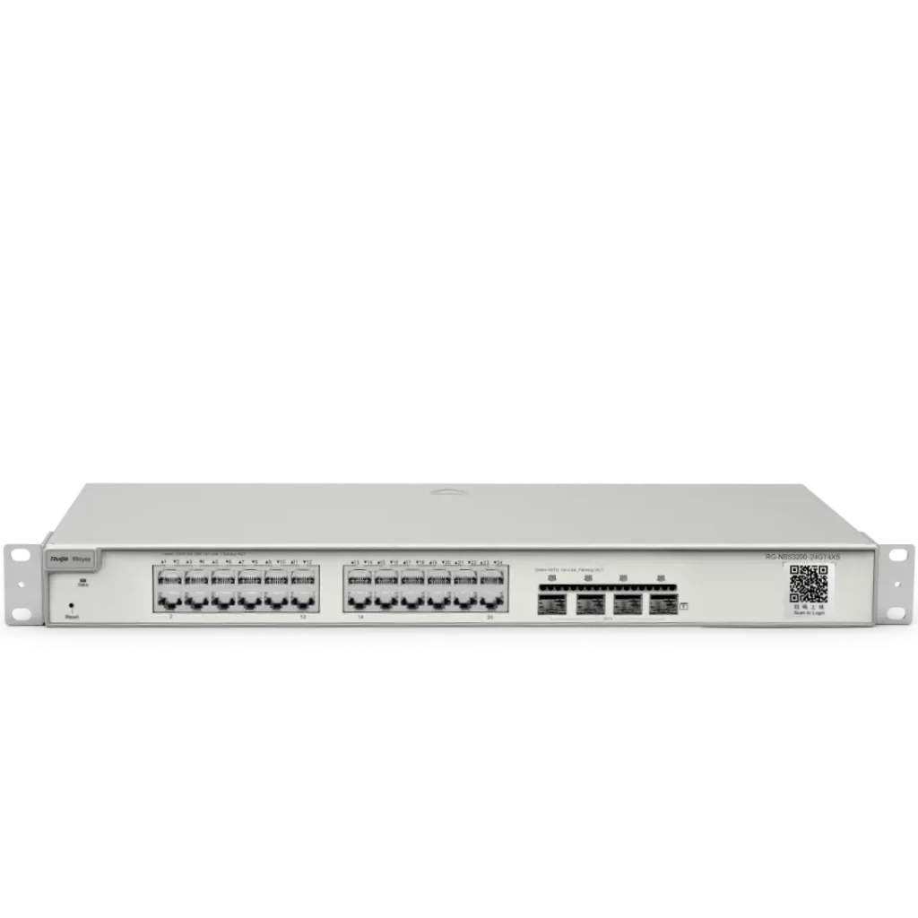 The front of a 24-port Gigabit switch with four 10 Gigabit uplink ports and a reset button at the bottom left