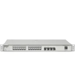 The front of a 24-port Gigabit switch with four 10 Gigabit uplink ports and a reset button at the bottom left